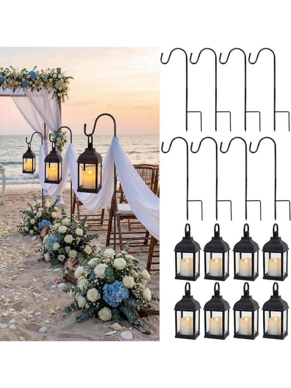 Elegant 8-Piece Wedding Lantern Set with Shepherd Hooks - Black Aisle Decor